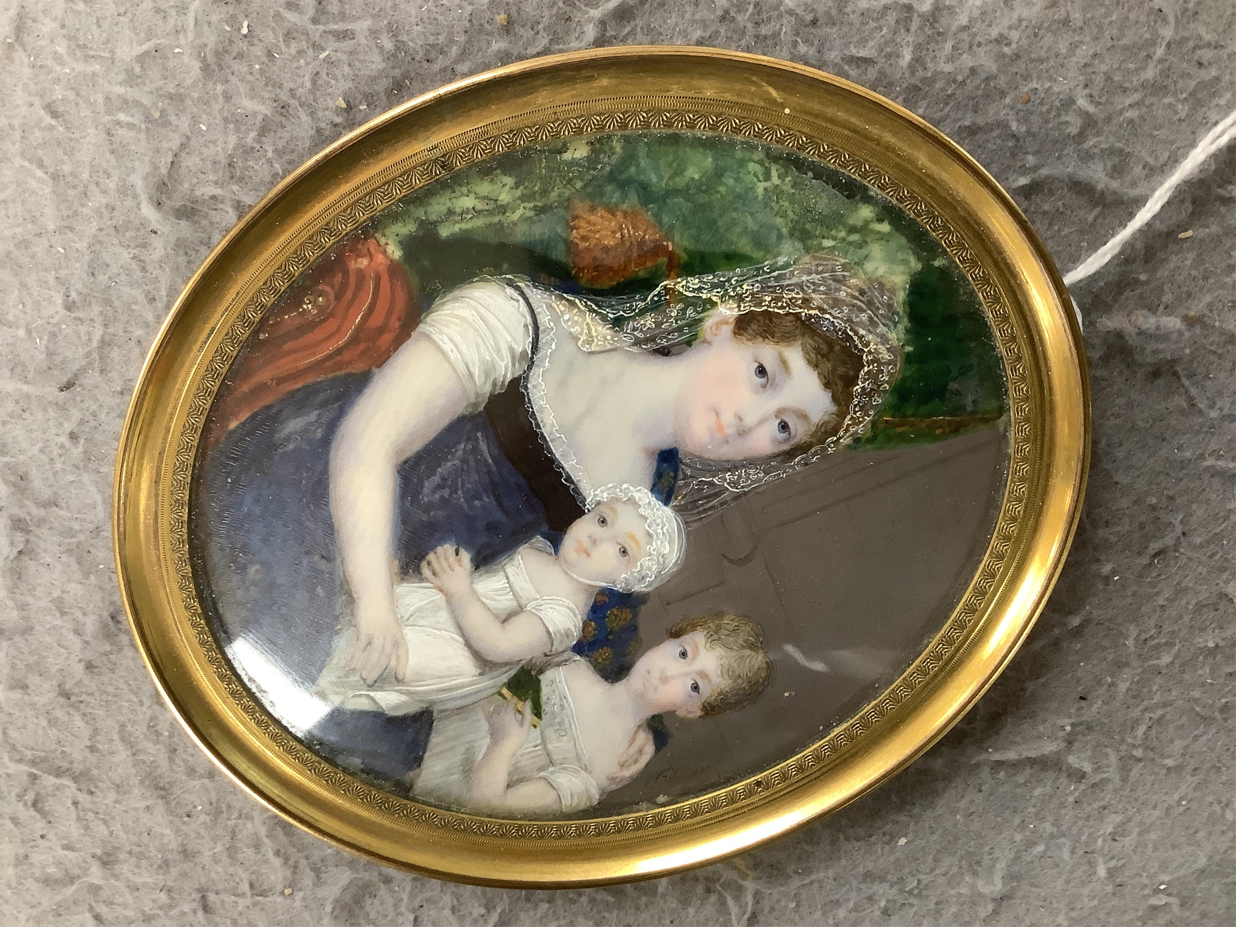 Fribourg, early 19th century portrait miniature, mother and two children, 9 x 7.5cm. CITES Submission reference 1QQK2KZ8. Condition - fair to good